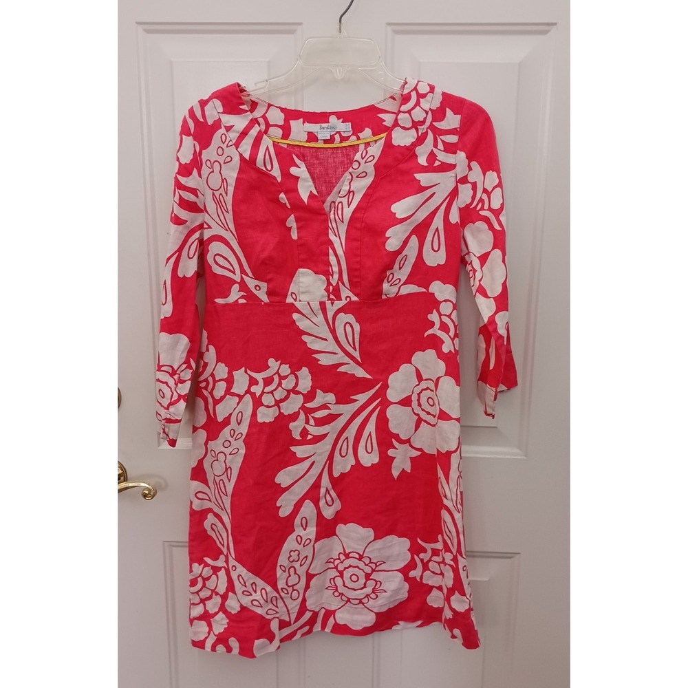 Boden Pink Floral 100% Linen Shift Dress Notched Neck‎ 3/4 Sleeve Sz 6 Hawaii